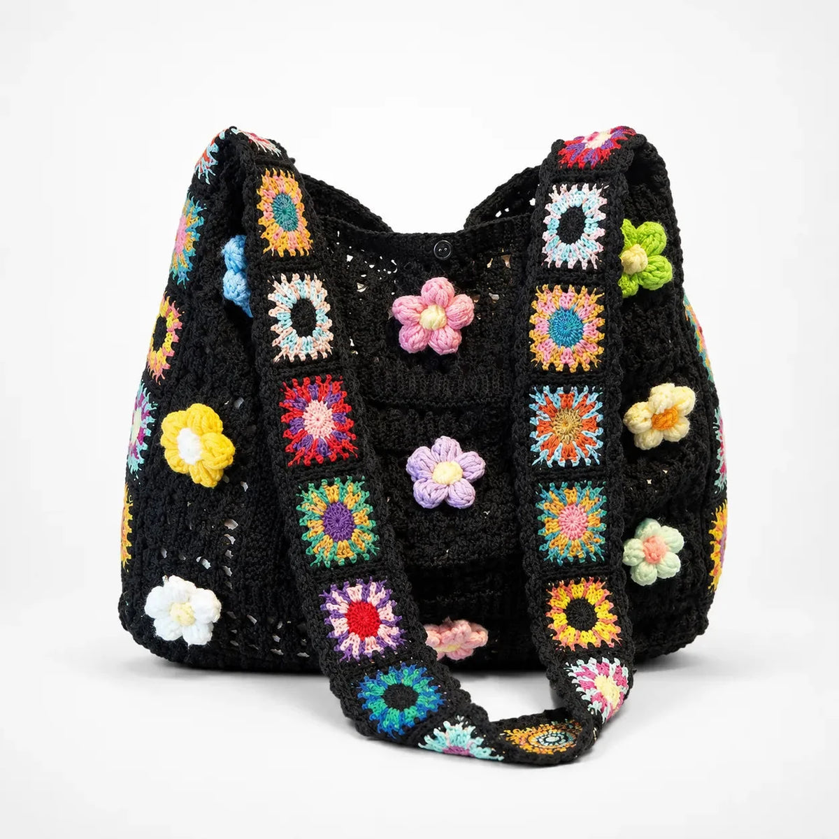 Florenza – Hand-Crocheted Floral Shoulder Bag for Women, Boho Granny-Square Tote with 3D Flowers