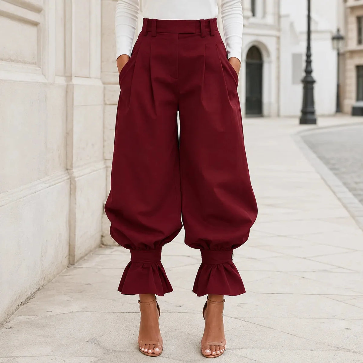 Verona – High Waist Pleated Lantern Pants with Ruffled Cuff