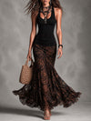 Retro Black cami and brown printed mesh skirt set