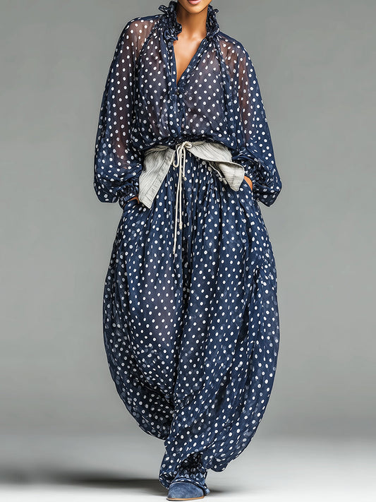 Casual Polka-Dot Chiffon Loose-Fit Long-Sleeve Top and Pants Set(Belt included)