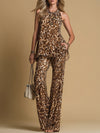 Elegant Leopard Print Sleeveless Chiffon Top And Flared Pants Set