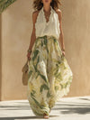 Vacation Chiffon Ruffled Sleeveless Top And Lily Print Pants Set