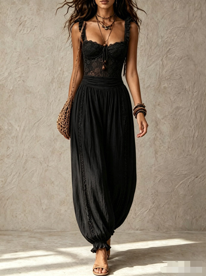 Grey Lace Bandeau and Pleated Cotton Harem Pants Set