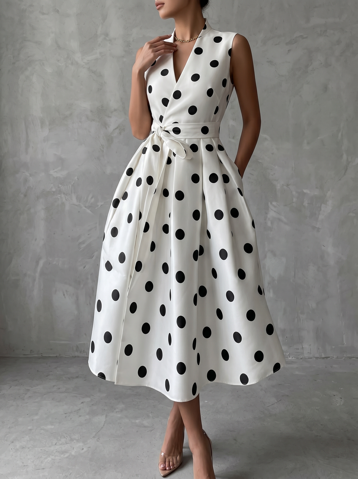 Black‑and‑White Classic Polka Dot French Sleeveless Midi Dress