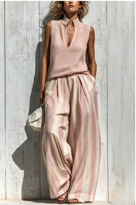 Casual sleeveless top and loose striped trousers set