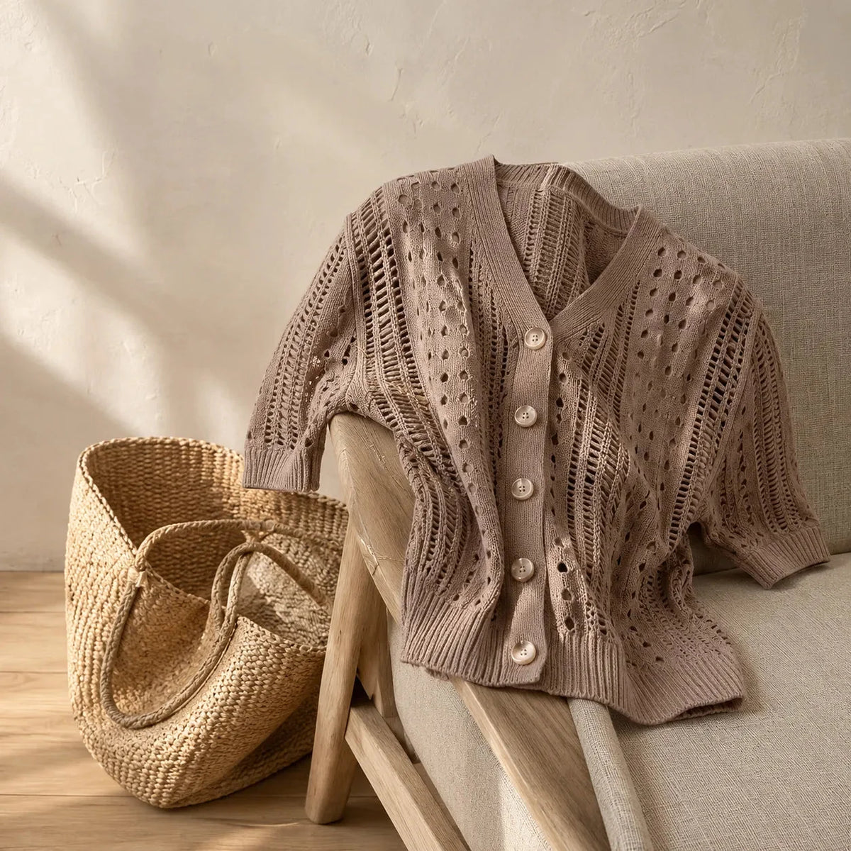 Lianora – Short Sleeve Open Knit Button Cardigan for Women