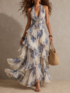 Romantic Vacation Blue And White Floral Print Halter Neck Ruffled Maxi Dress