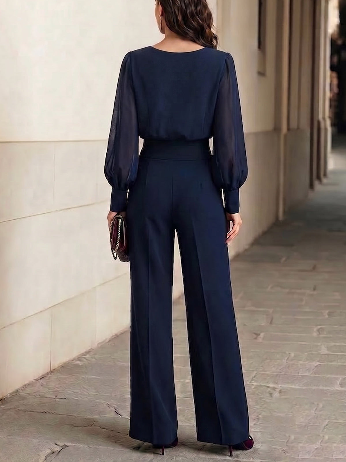 Navy Blue Ruffled Chiffon Top And Wide-leg Pants Two-piece Set