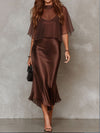 Brown Chiffon Blouse And Satin Midi Dress Two-piece Set