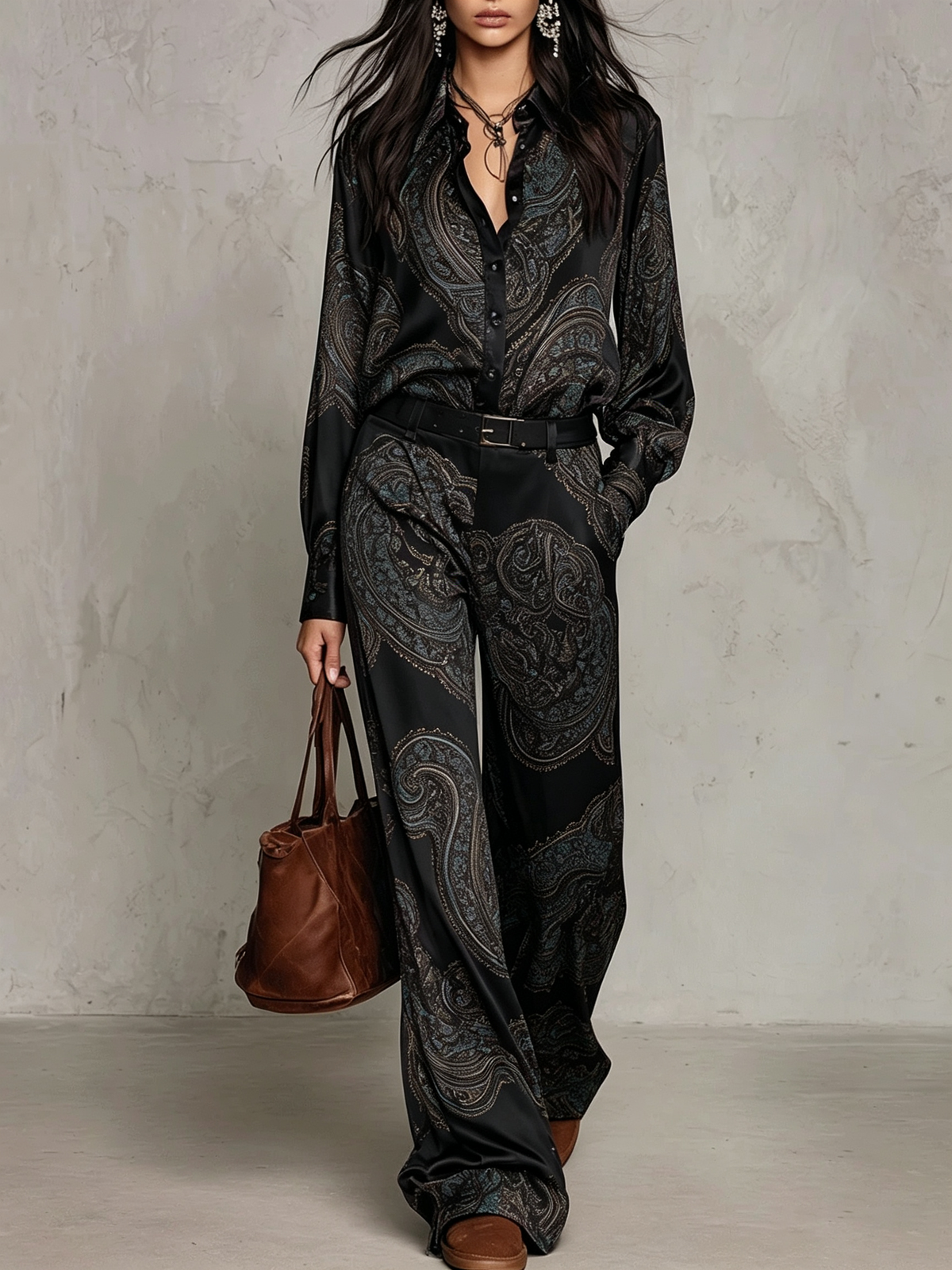 Burgundy-purple Paisley Print Satin Long-sleeve Shirt And Wide-leg Trousers Set (with belt)