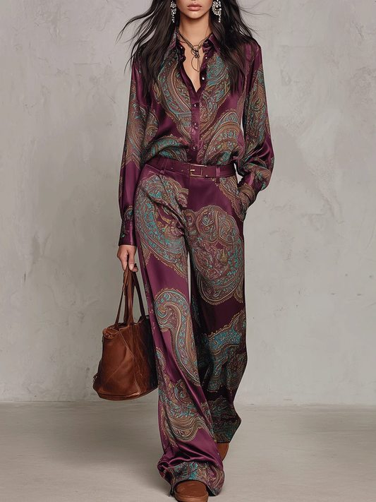 Burgundy-purple Paisley Print Satin Long-sleeve Shirt And Wide-leg Trousers Set (with belt)