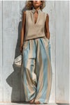 Casual sleeveless top and loose striped trousers set