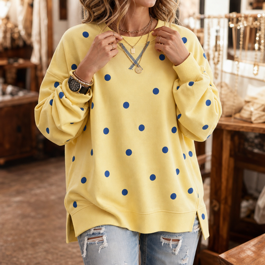 Sunbelle – Polka Dot Ribbon-Tie Neck Sweatshirt