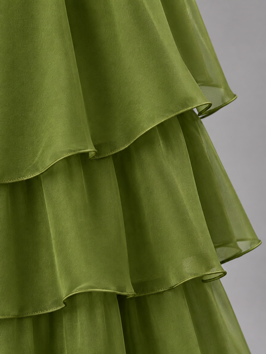Lara Elegant Flowing Maxi Dress in Dark Green, chiffon fabric detail