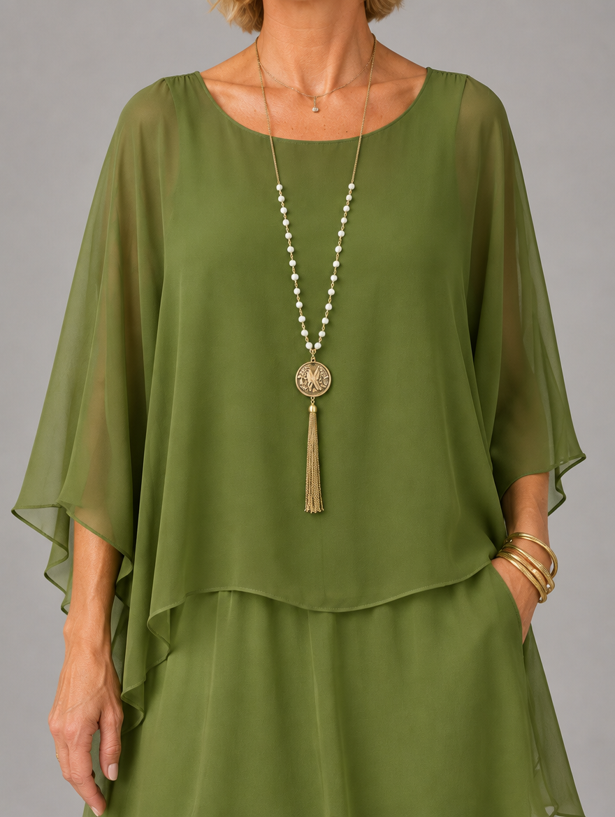 Lara Elegant Flowing Maxi Dress in Dark Green, neckline and cape sleeve detail