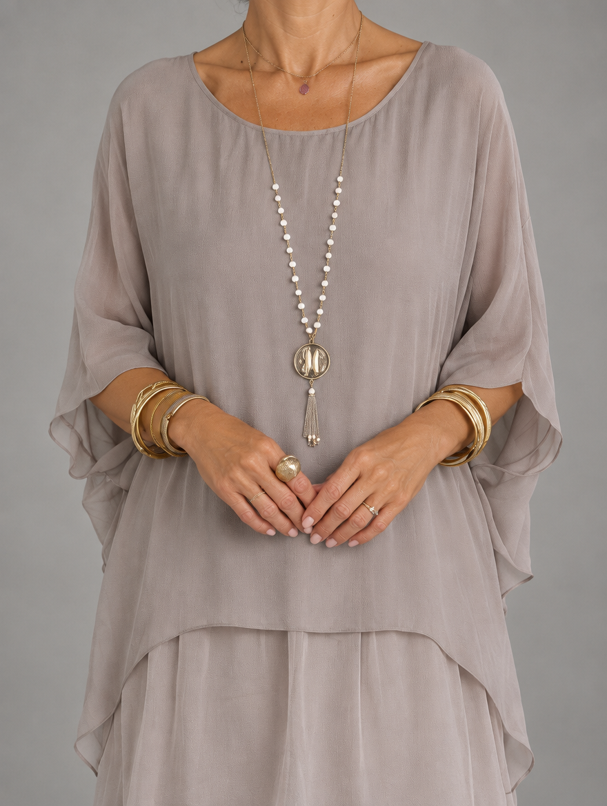 Lara Elegant Flowing Maxi Dress in Gray, neckline and cape sleeve detail