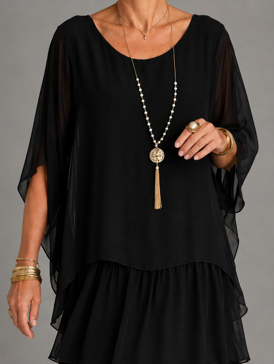 Lara Elegant Flowing Maxi Dress in Black, neckline and cape sleeve detail