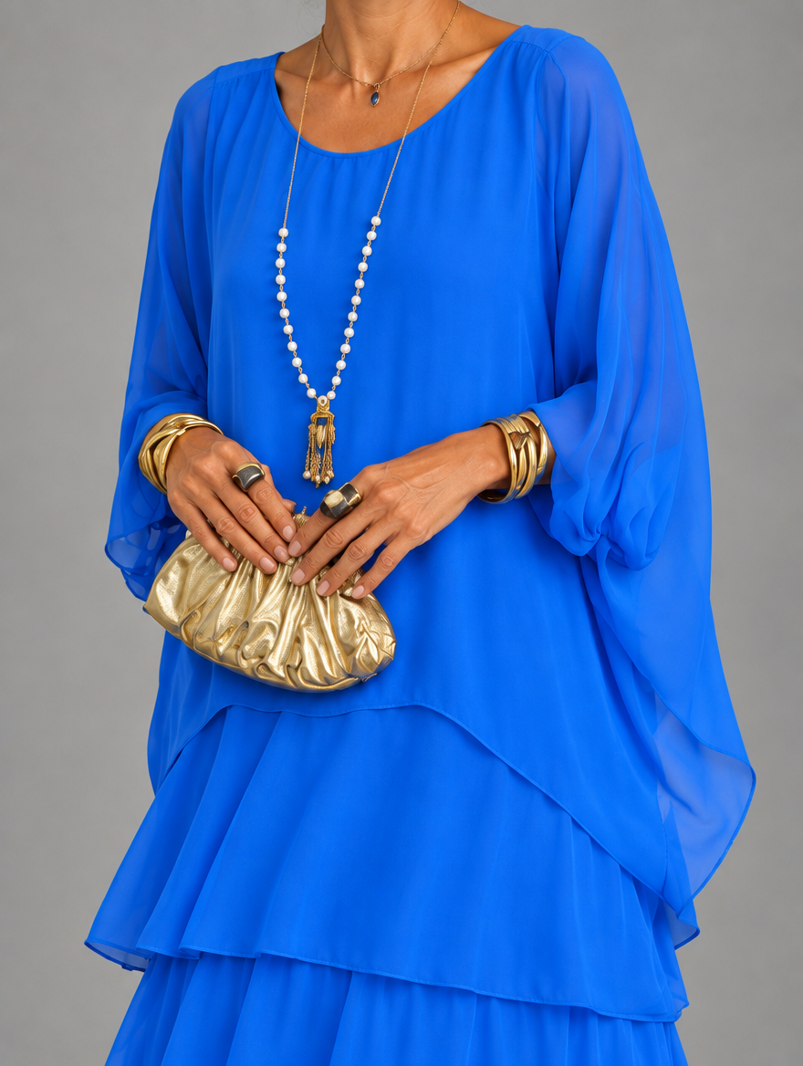 Lara Elegant Flowing Maxi Dress in Blue, neckline and cape sleeve detail