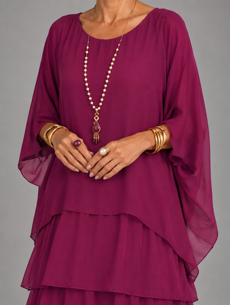 Lara Elegant Flowing Maxi Dress in Purple, neckline and cape sleeve detail