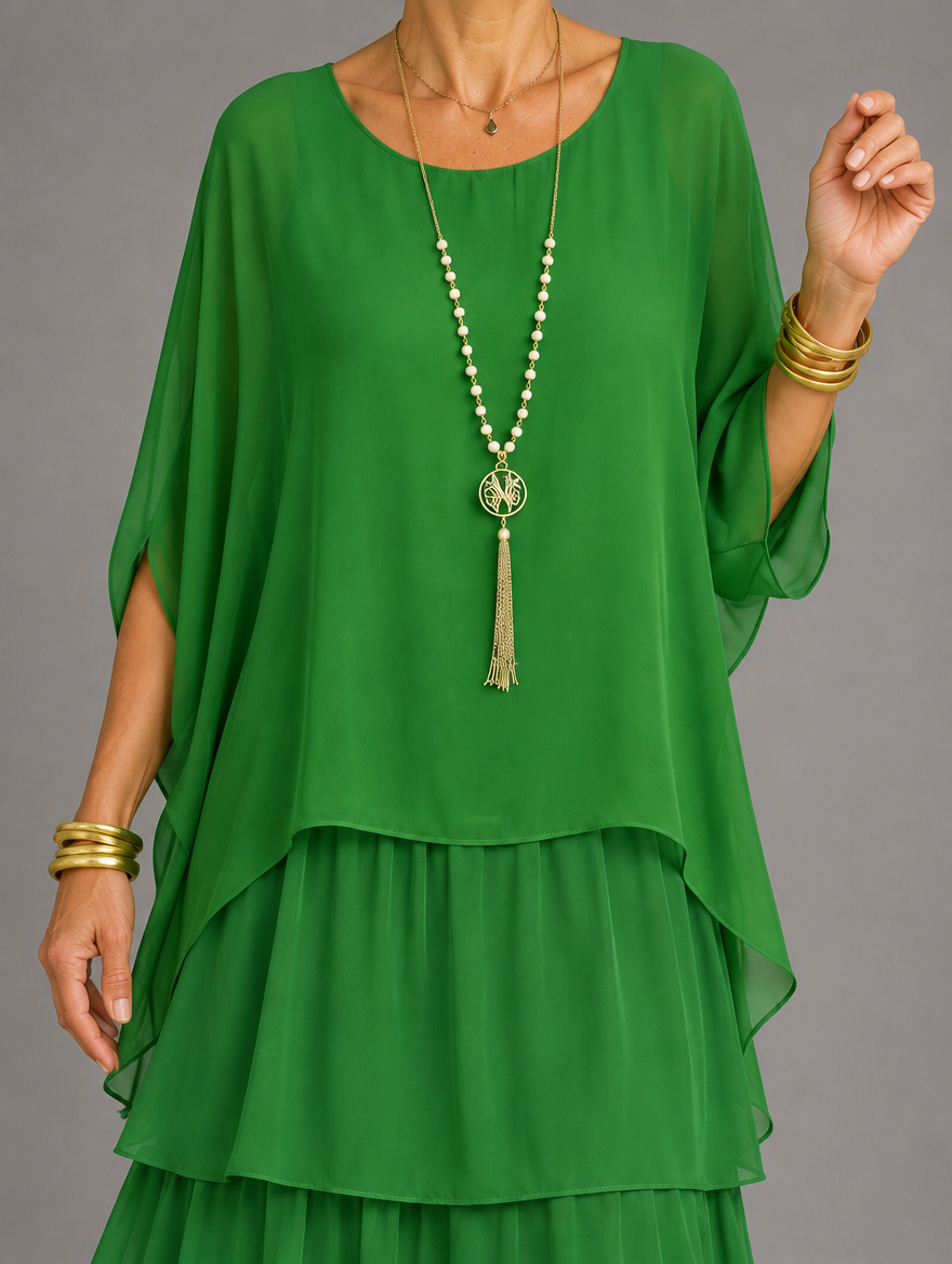 Lara Elegant Flowing Maxi Dress in Light Green, neckline and cape sleeve detail