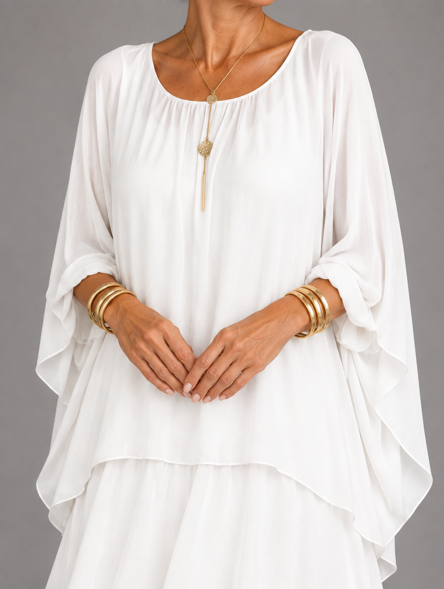 Lara Elegant Flowing Maxi Dress in White, neckline and cape sleeve detail