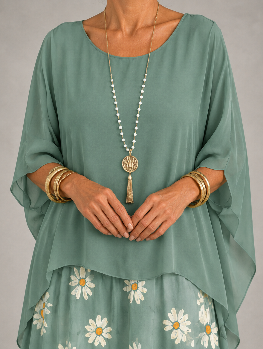 Lara Elegant Flowing Maxi Dress in Faded Green, neckline and cape sleeve detail