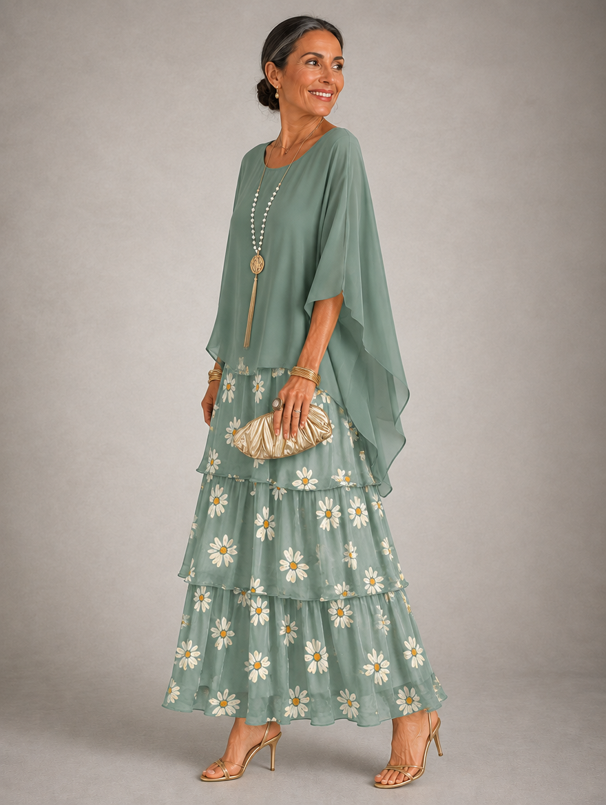 Lara Elegant Flowing Maxi Dress in Faded Green, side view with daisy print