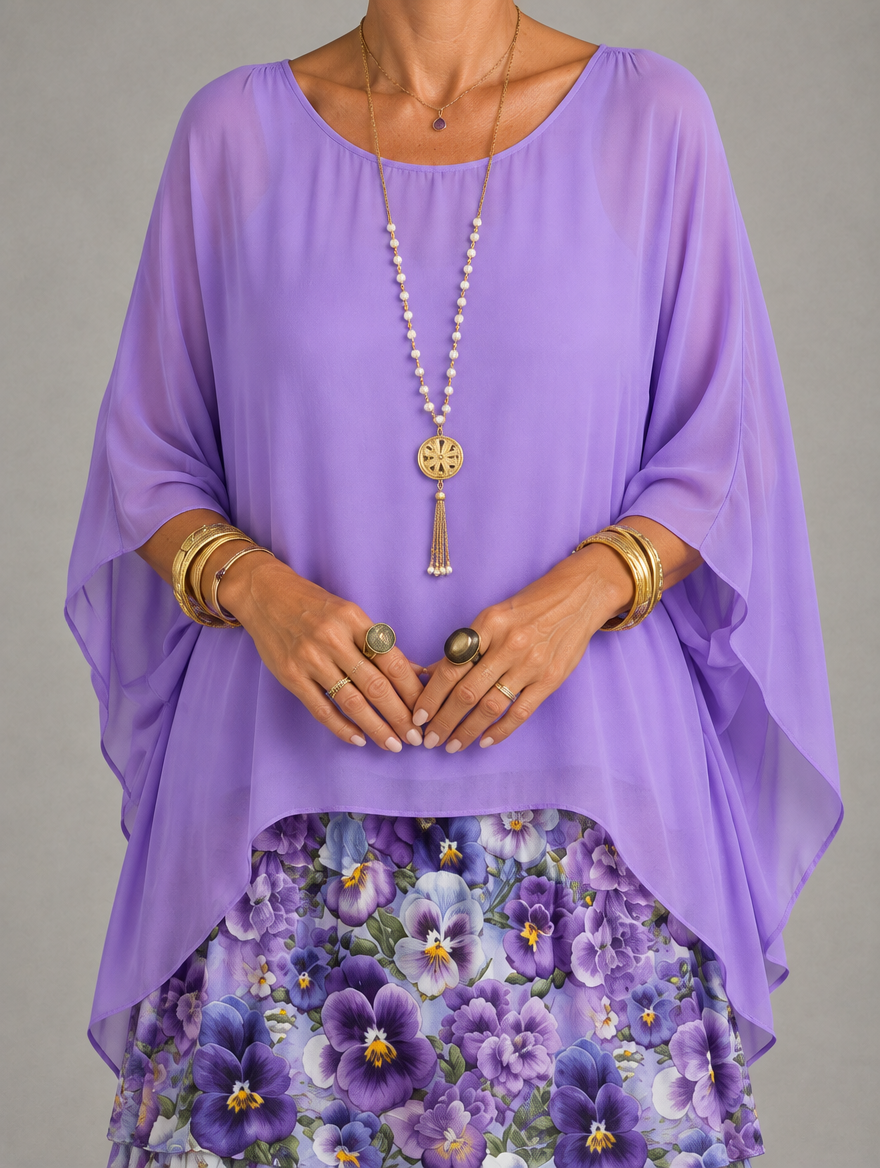Lara Elegant Flowing Maxi Dress in Purple with Flowers, neckline and cape sleeve detail