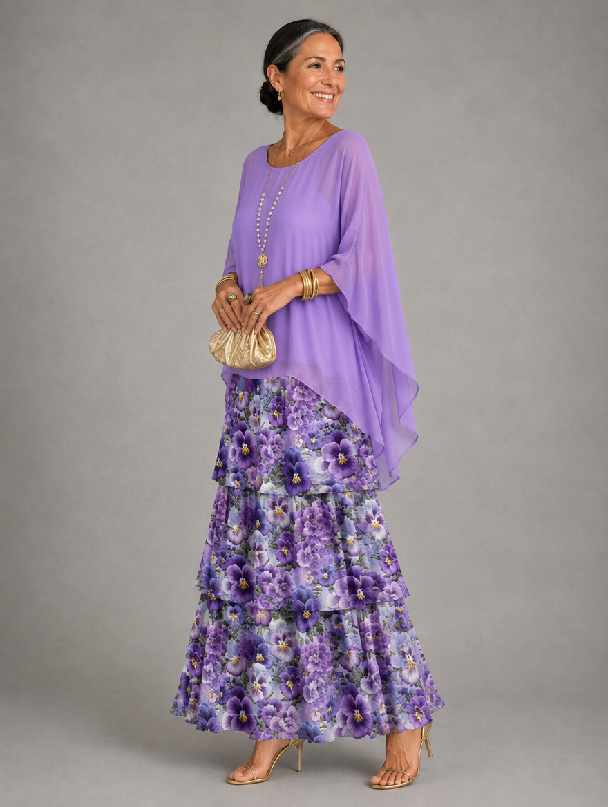Lara Elegant Flowing Maxi Dress in Purple with Flowers, side view