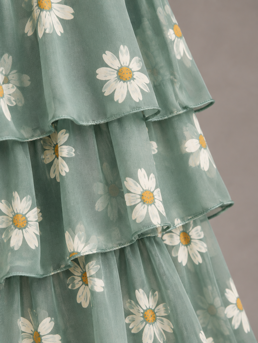 Lara Elegant Flowing Maxi Dress in Faded Green, daisy print fabric detail