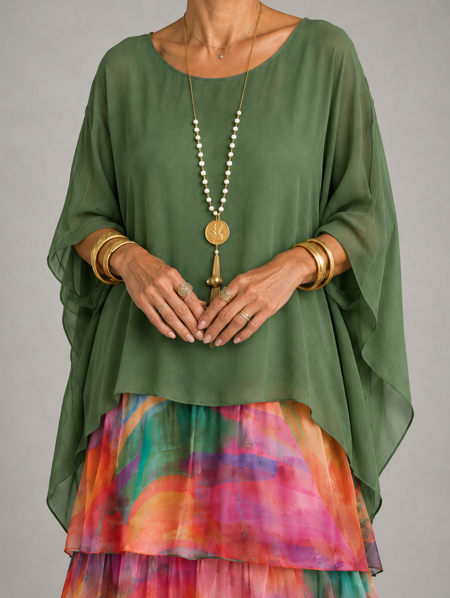 Lara Elegant Flowing Maxi Dress in Multicolor, neckline and cape sleeve detail