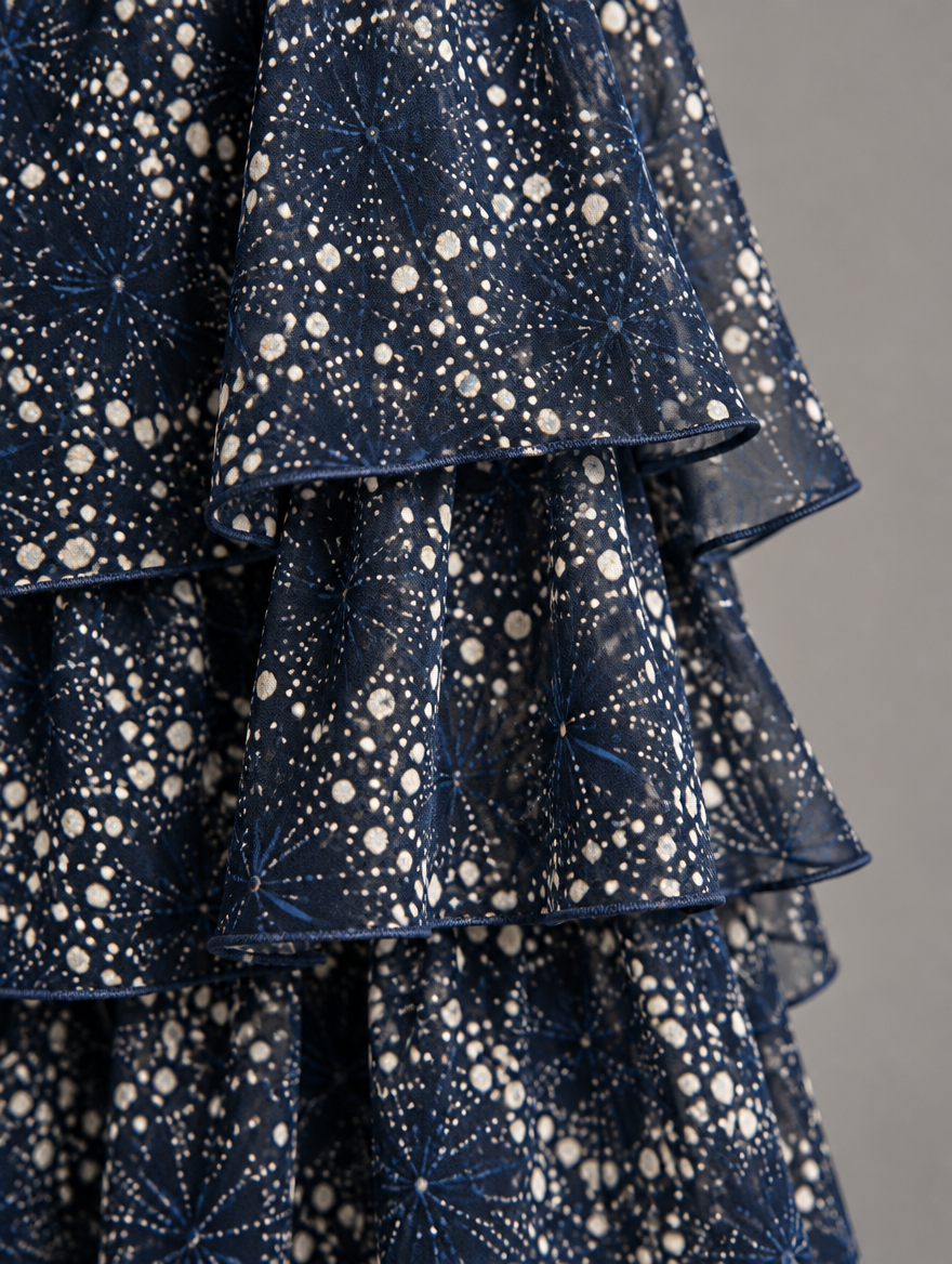 Lara Elegant Flowing Maxi Dress in Dark Blue, printed fabric detail