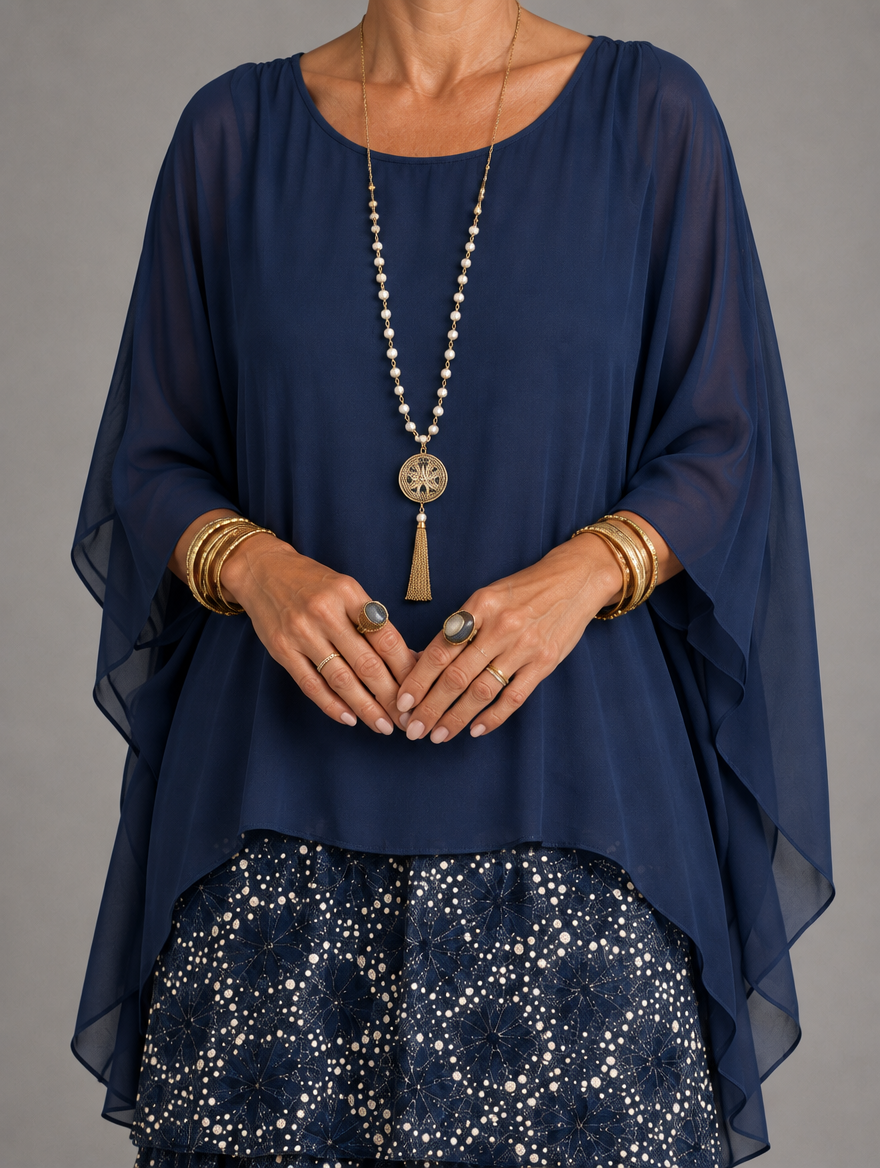 Lara Elegant Flowing Maxi Dress in Dark Blue, neckline and cape sleeve detail