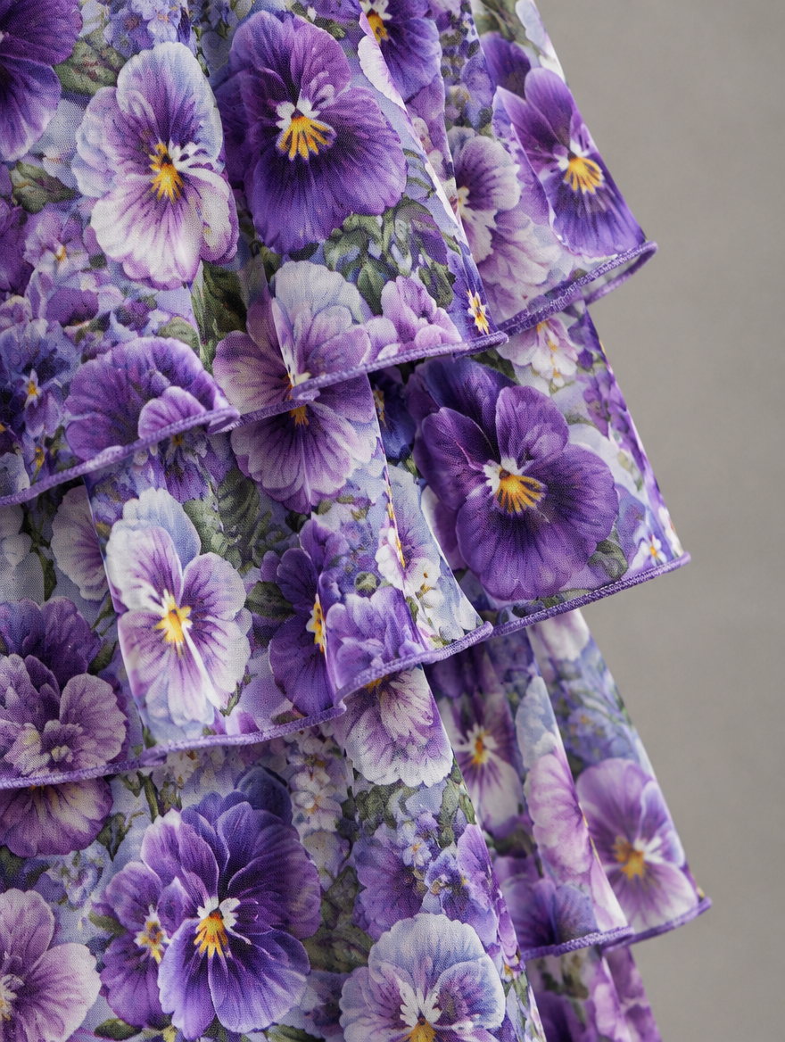Lara Elegant Flowing Maxi Dress in Purple with Flowers, floral print fabric detail