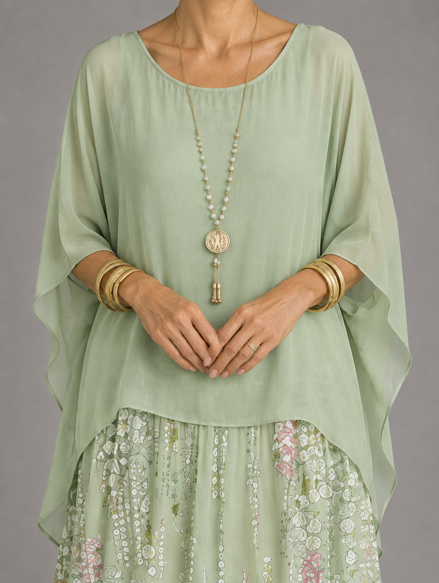 Lara Elegant Flowing Maxi Dress in Whitish Green, neckline and cape sleeve detail