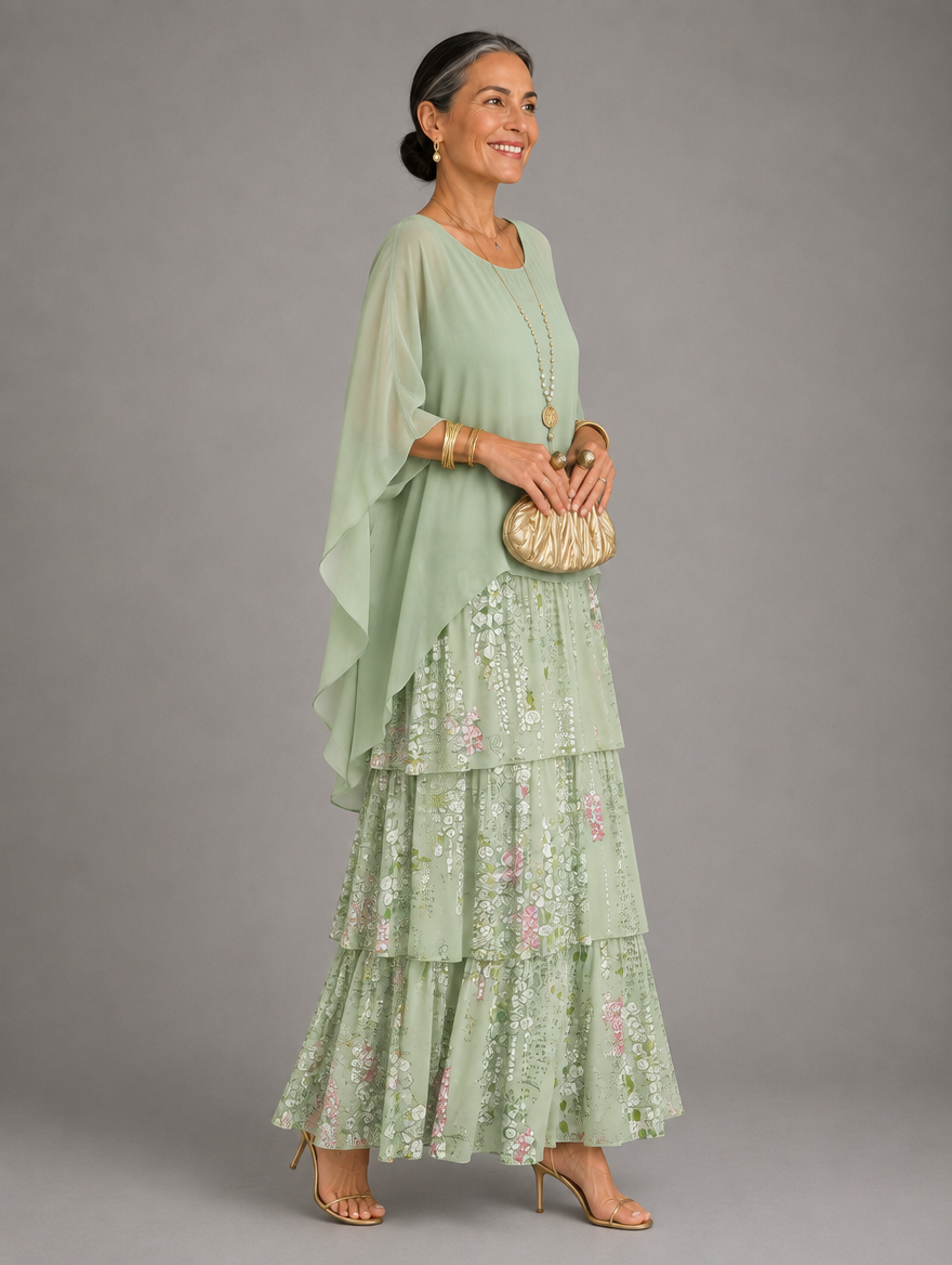 Lara Elegant Flowing Maxi Dress in Whitish Green, side view