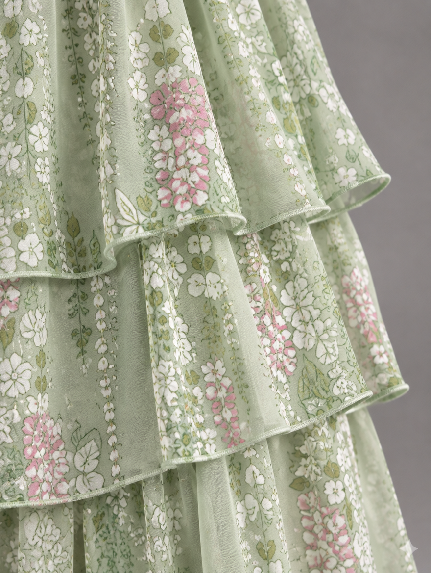 Lara Elegant Flowing Maxi Dress in Whitish Green, floral print fabric detail