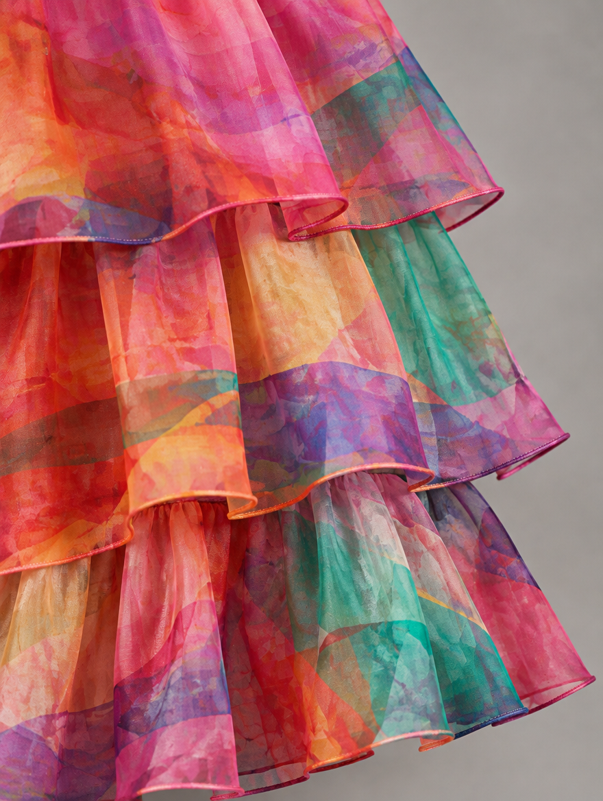 Lara Elegant Flowing Maxi Dress in Multicolor, watercolour print fabric detail