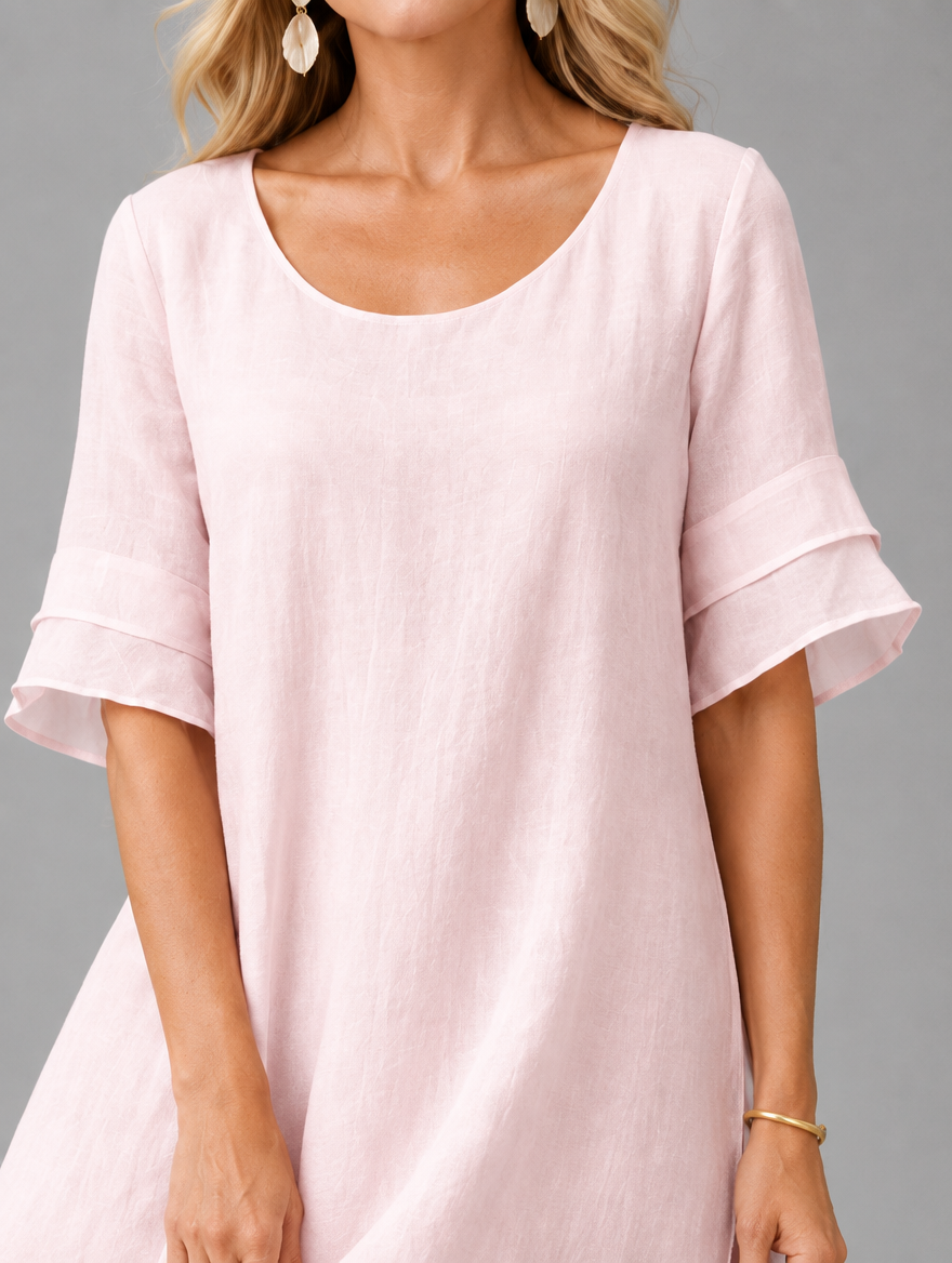 Liora Flowing Grace Maxi Dress in Pink, neckline and sleeve detail