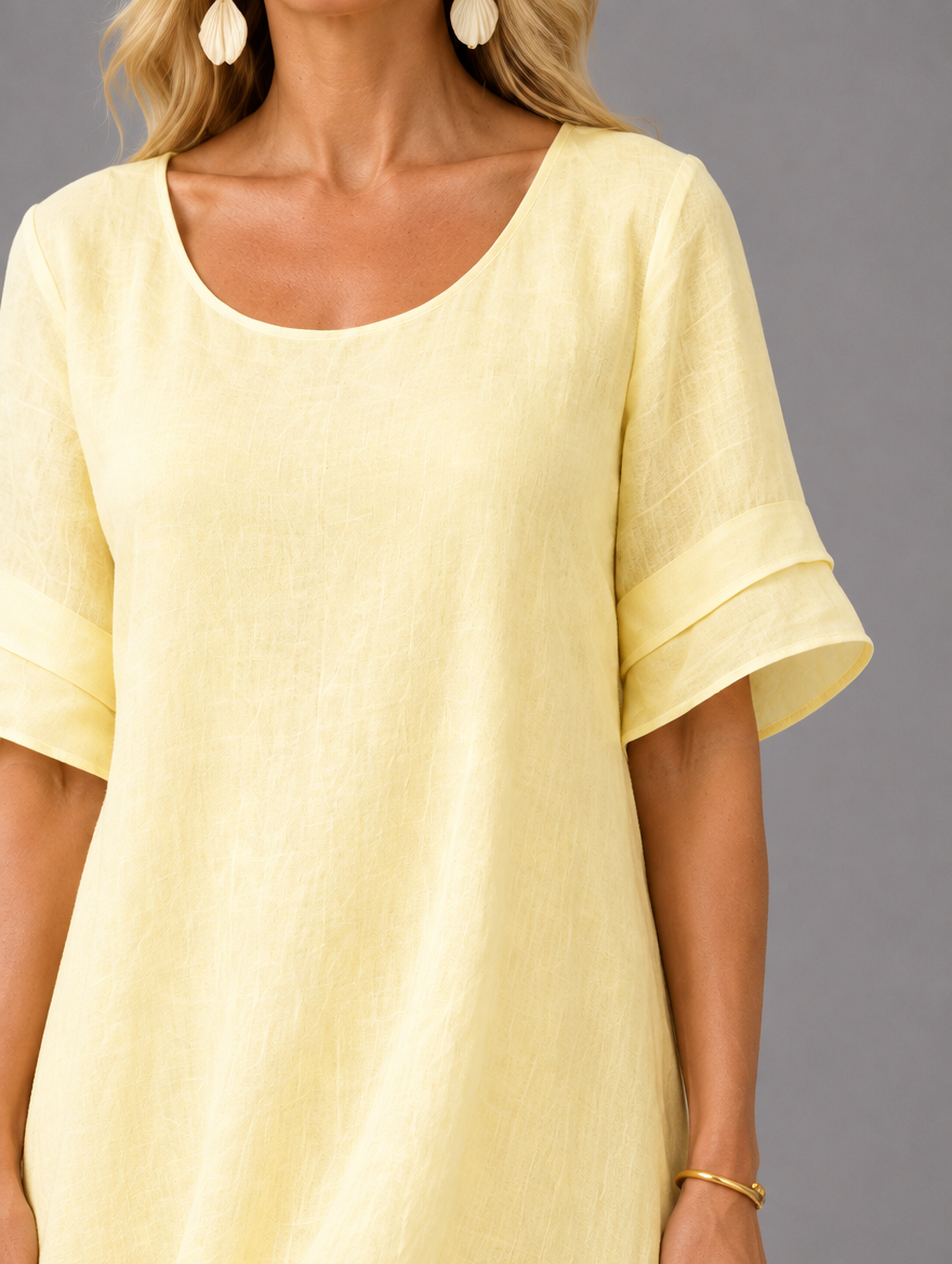 Liora Flowing Grace Maxi Dress in Yellow, neckline and sleeve detail