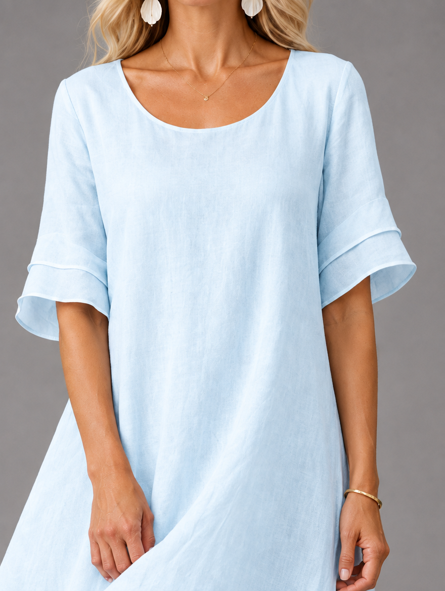 Liora Flowing Grace Maxi Dress in Blue, neckline and sleeve detail
