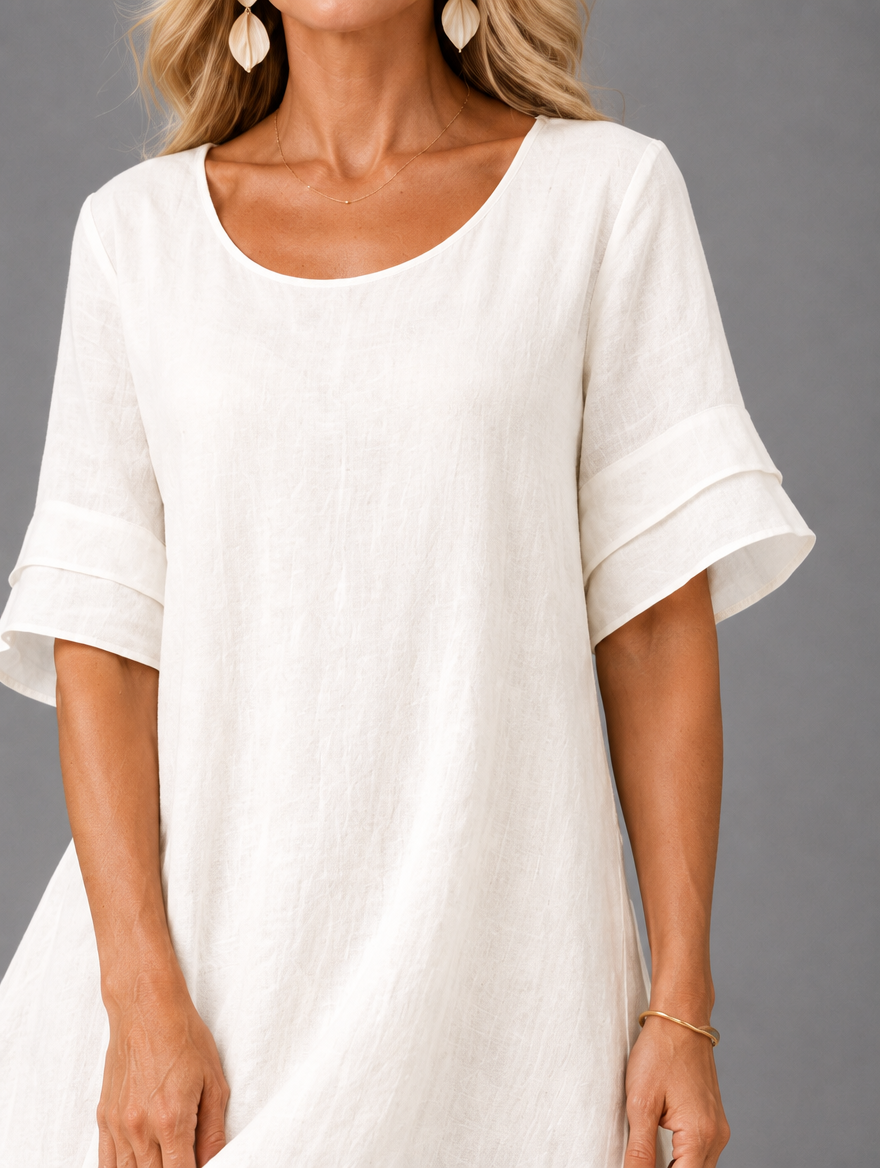 Liora Flowing Grace Maxi Dress in White, neckline and sleeve detail