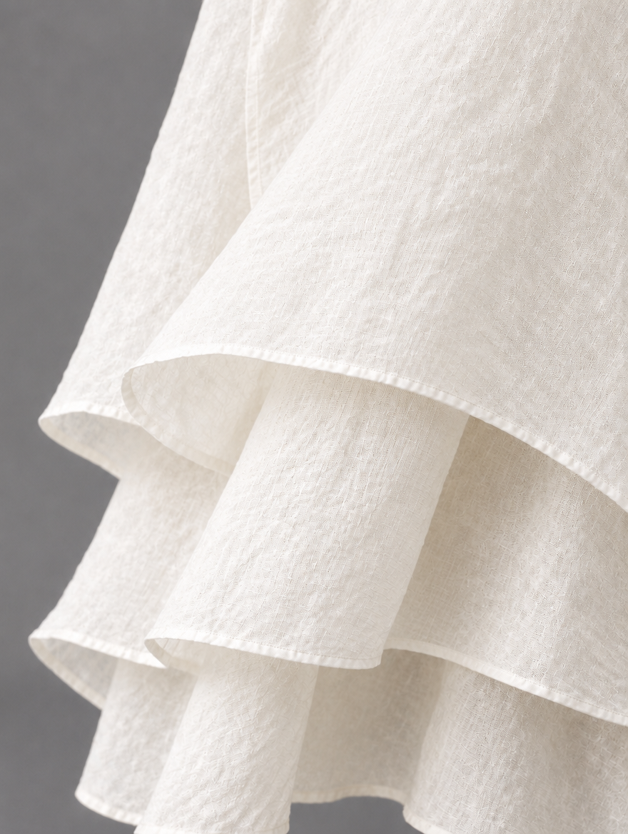 Liora Flowing Grace Maxi Dress in White, linen fabric detail