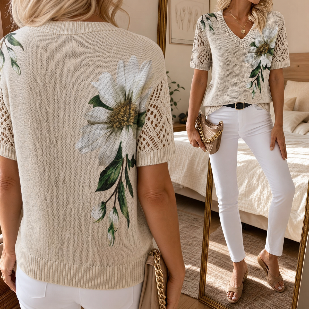 Rosavelle - Elegant Crochet Sleeve Floral Top