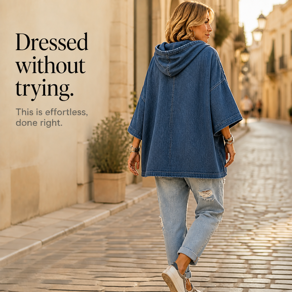 Wearlow – Oversized Washed Denim Look Hooded Poncho