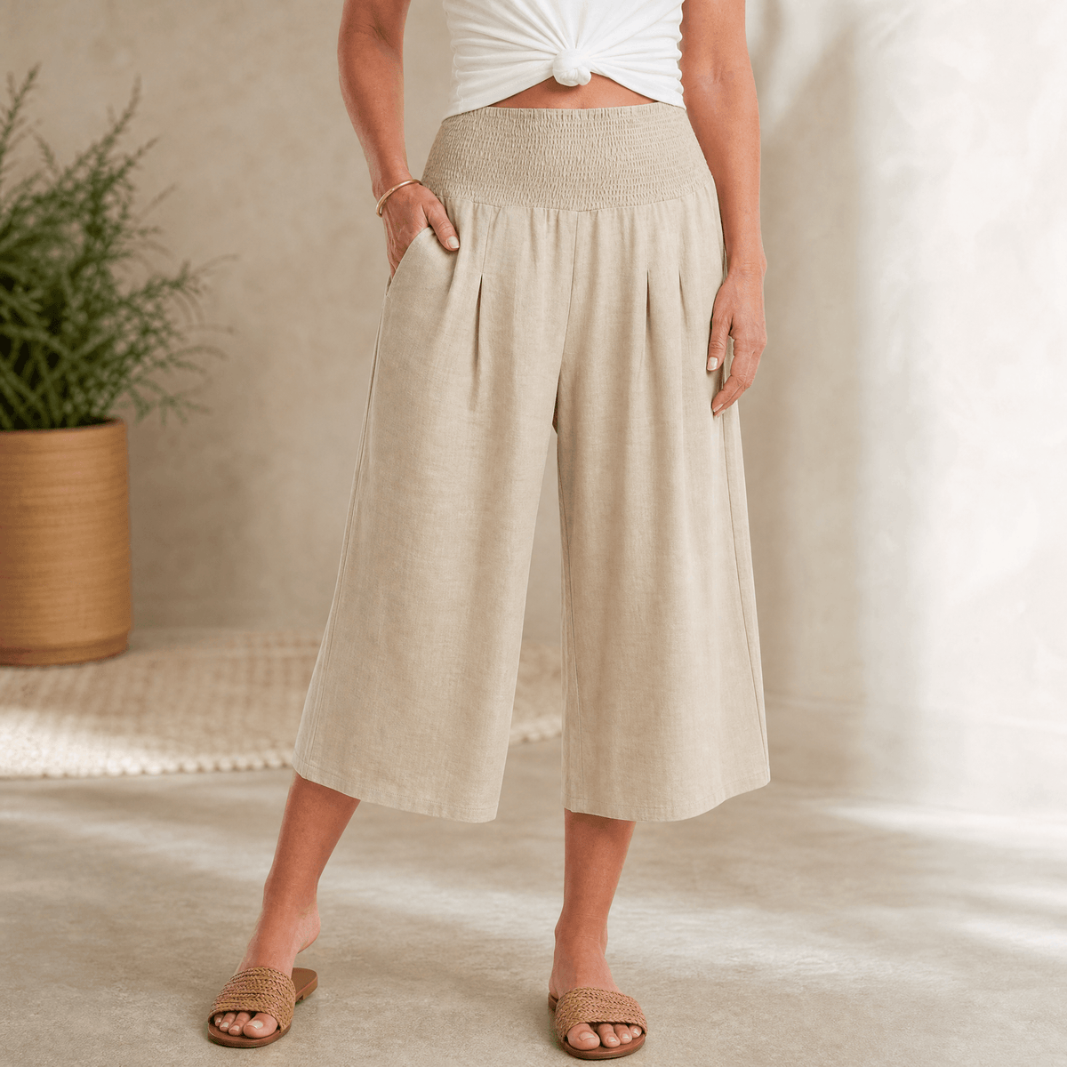 Coastella – Women's Smocked-Waist Wide-Leg Culottes