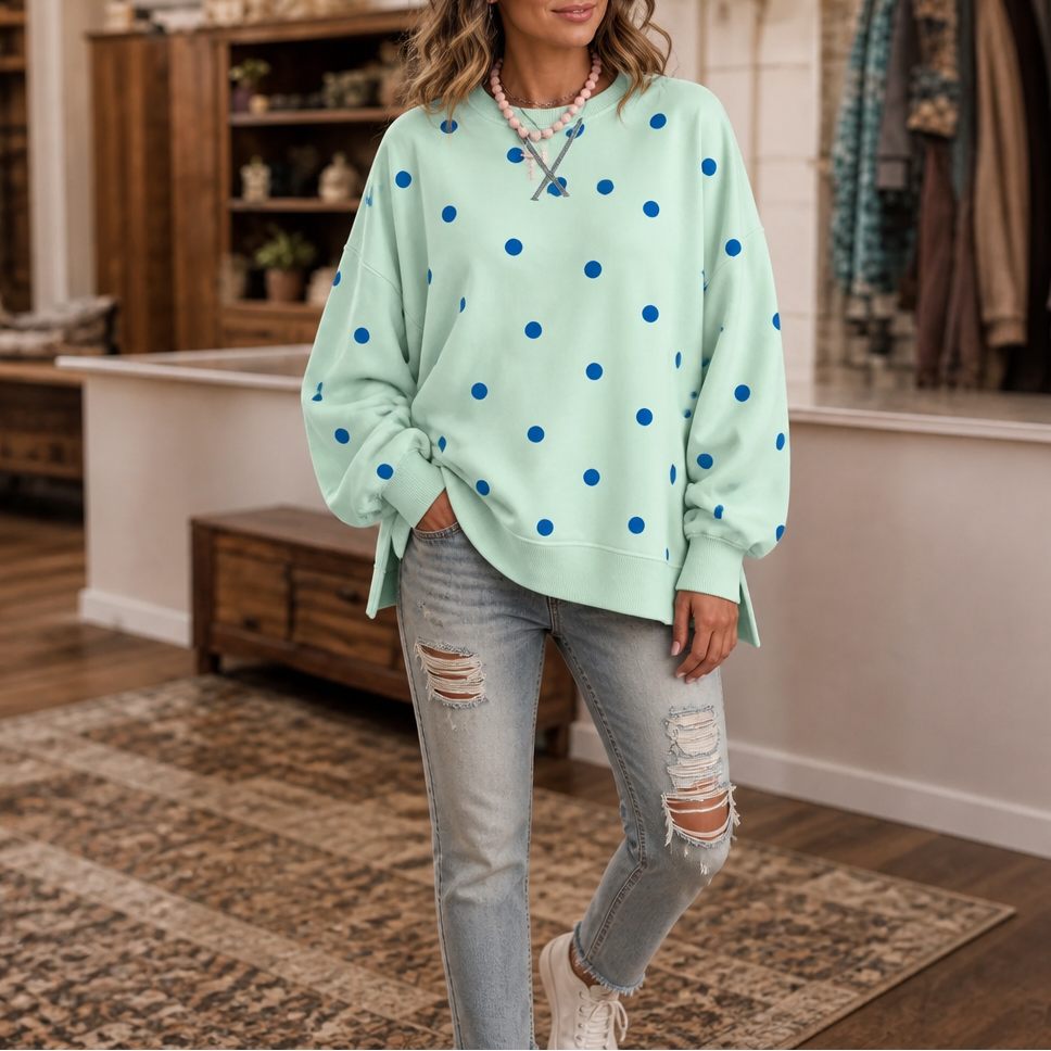 Sunbelle – Polka Dot Ribbon-Tie Neck Sweatshirt