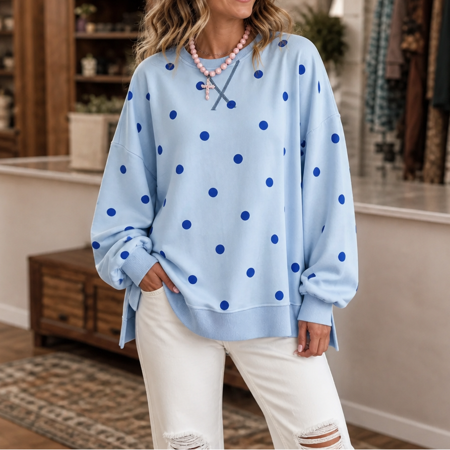 Sunbelle – Polka Dot Ribbon-Tie Neck Sweatshirt