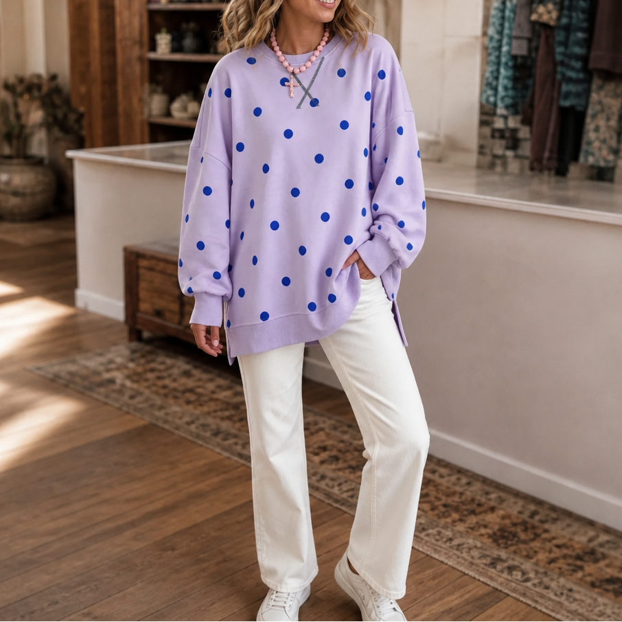 Sunbelle – Polka Dot Ribbon-Tie Neck Sweatshirt