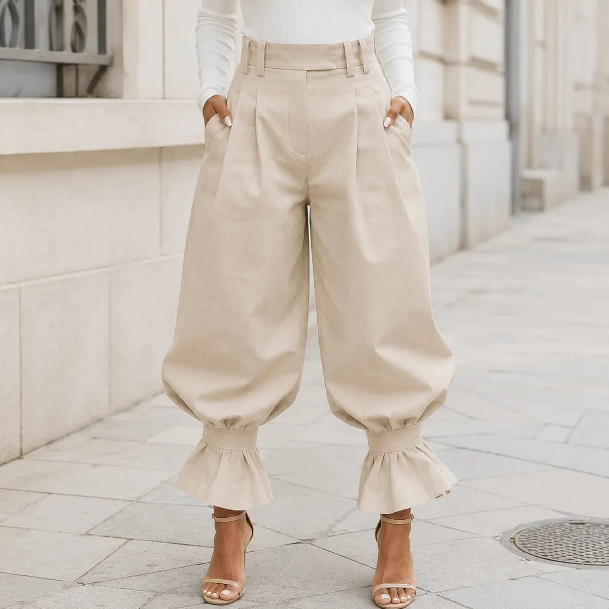 Verona – High Waist Pleated Lantern Pants with Ruffled Cuff